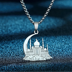 Necklace with a mosque pendant on an Arabic, Islamic, Muslim crescent moon in silver