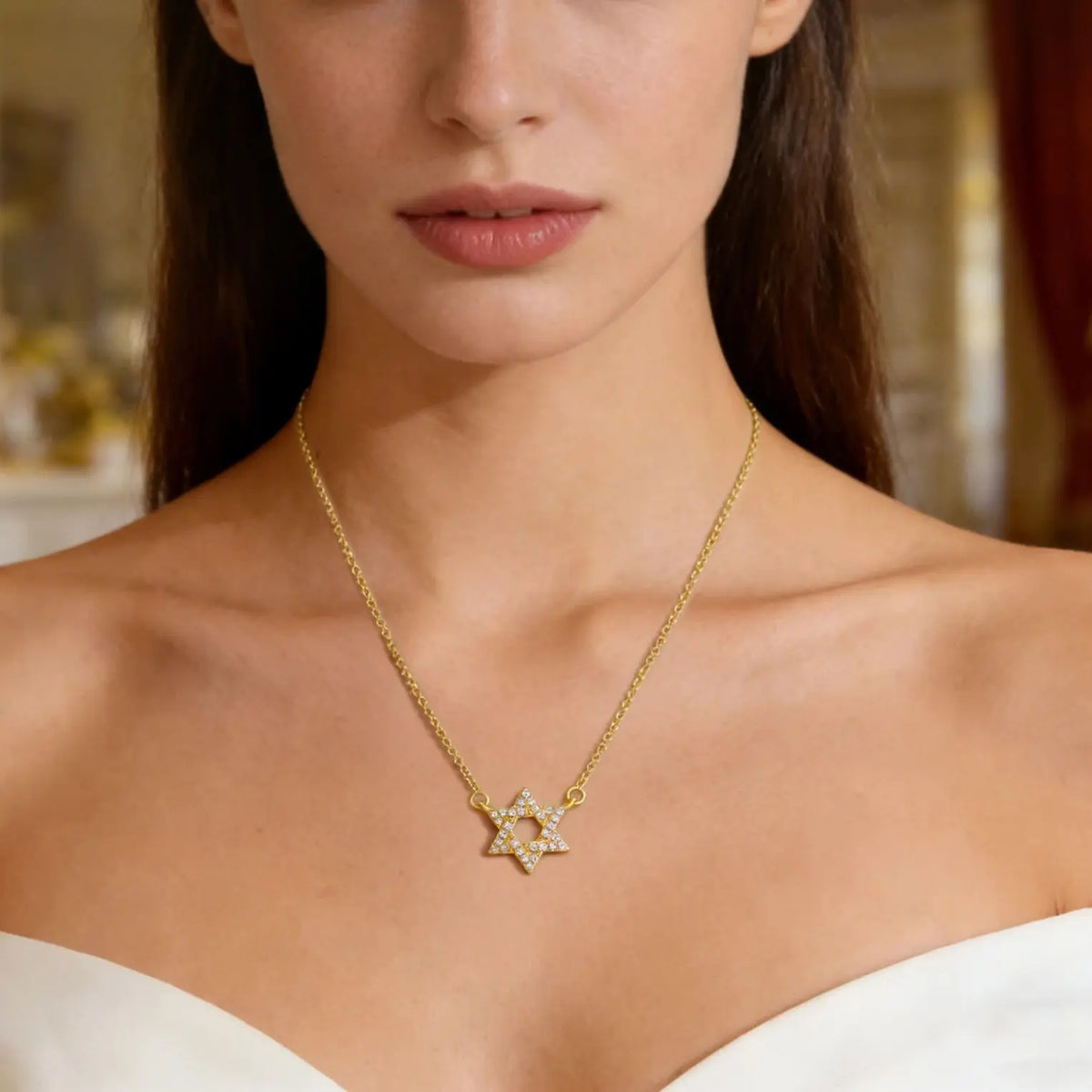 Necklace with a rhinestone Star of David pendant, Jewish symbol gold