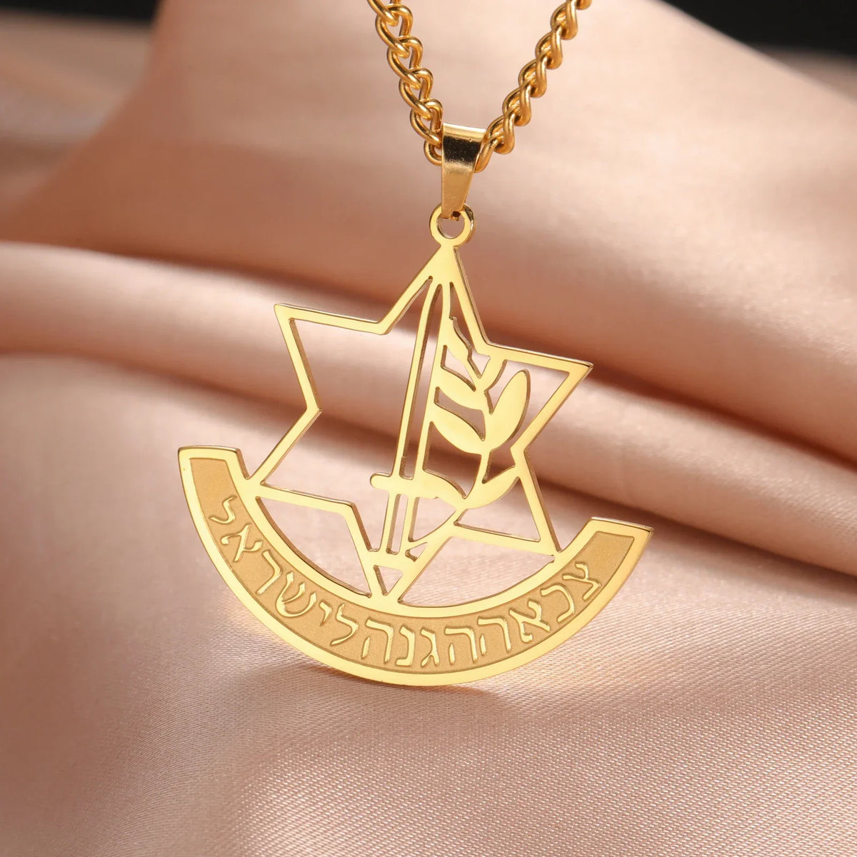 Necklace with pendant featuring the Star of David and symbolic Jewish fleur-de-lis in gold