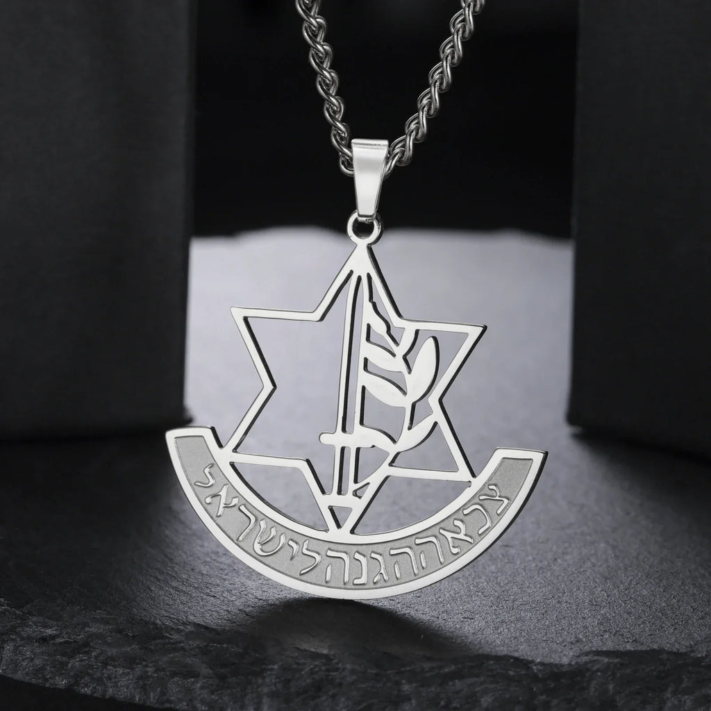 Necklace with pendant featuring the Star of David and symbolic Jewish fleur-de-lis in silver