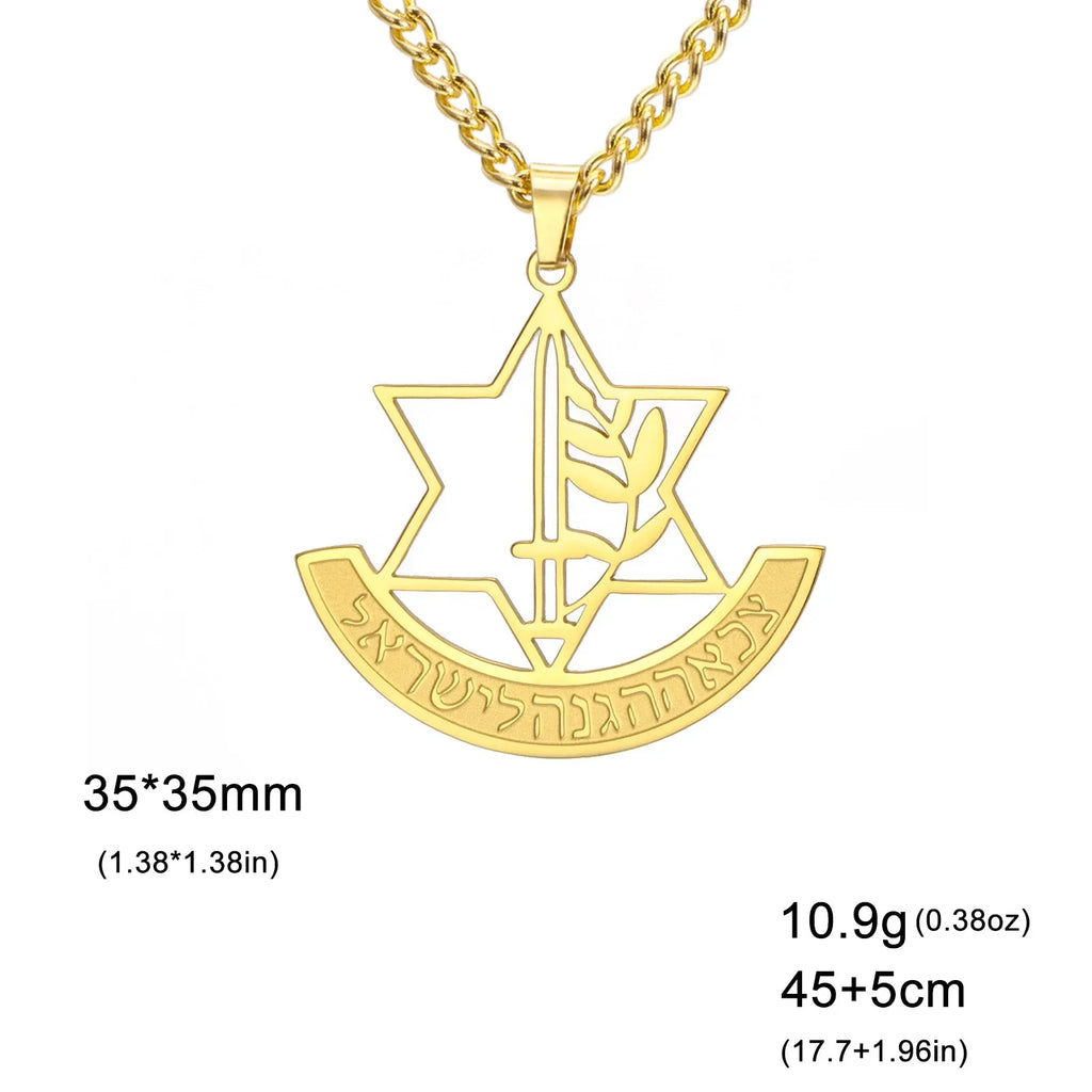 Necklace with pendant featuring the Star of David and symbolic Jewish fleur-de-lis in gold