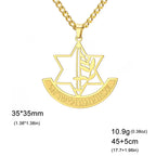 Necklace with pendant featuring the Star of David and symbolic Jewish fleur-de-lis in gold