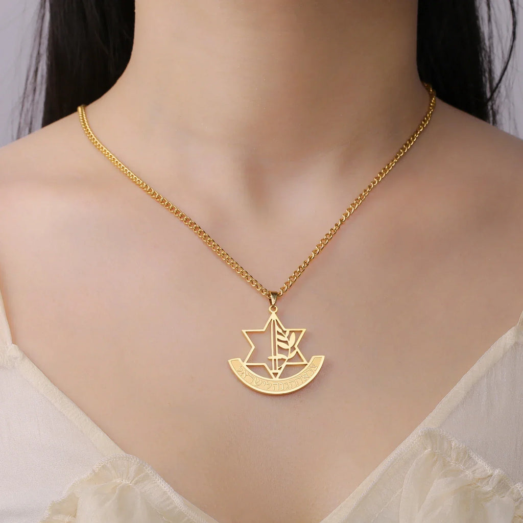 Necklace with pendant featuring the Star of David and symbolic Jewish fleur-de-lis in gold