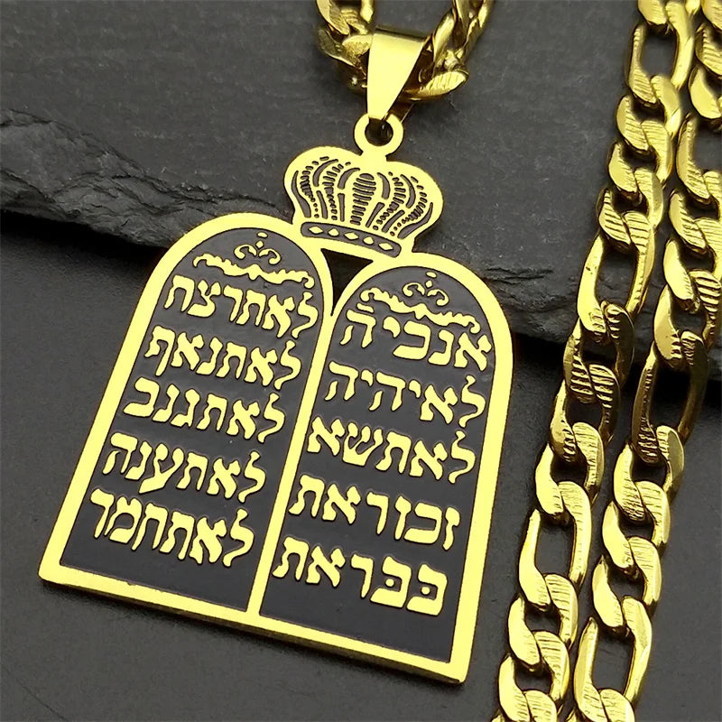 Necklace with Jewish prayer pendant, the 10 commandments of the Torah, gold