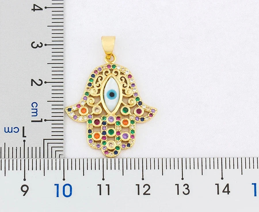 Multicolored evil eye and Hamsa hand protection pendant necklace