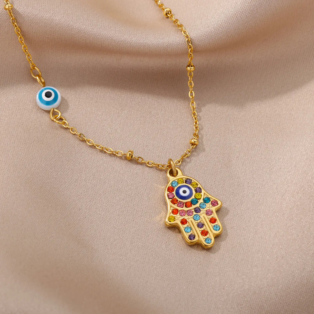Necklace with multicolored Arabic evil eye and Fatima's hand protection pendant gold