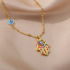 Necklace with multicolored Arabic evil eye and Fatima's hand protection pendant gold