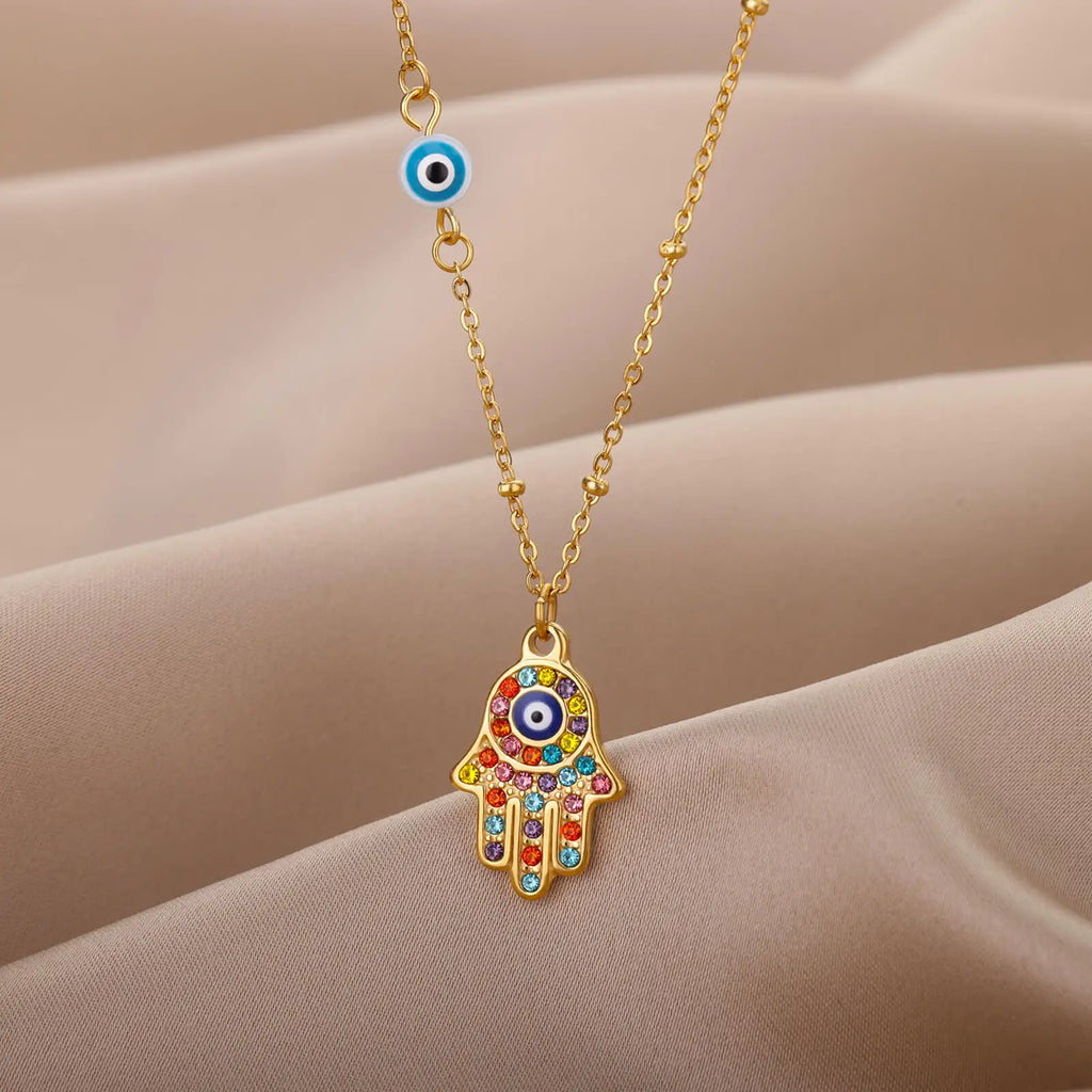 Necklace with multicolored Arabic evil eye and Fatima's hand protection pendant gold