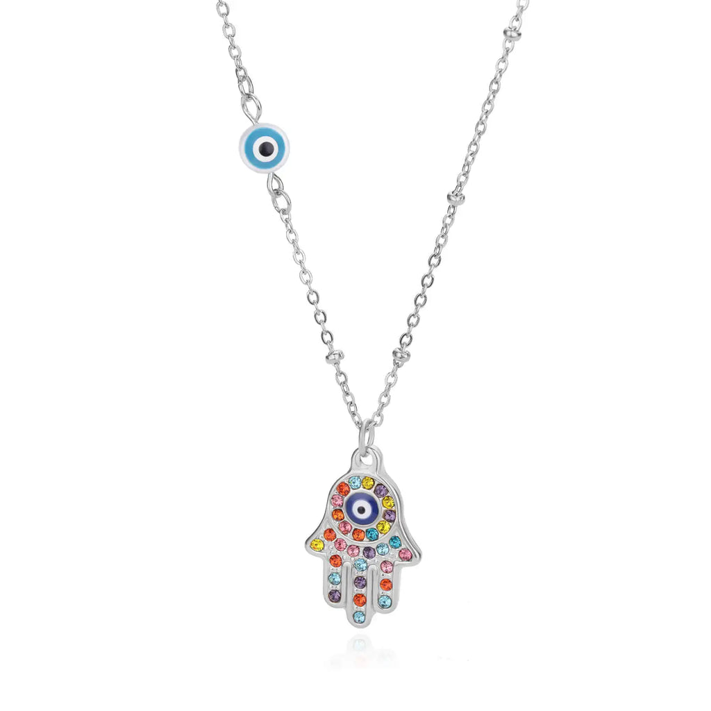 Necklace with multicolored Arabic evil eye and Fatima's hand protection pendant silver