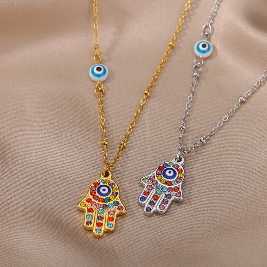 Necklace with multicolored Arabic evil eye and Fatima's hand protection pendant silver