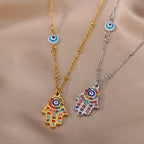 Necklace with multicolored Arabic evil eye and Fatima's hand protection pendant silver
