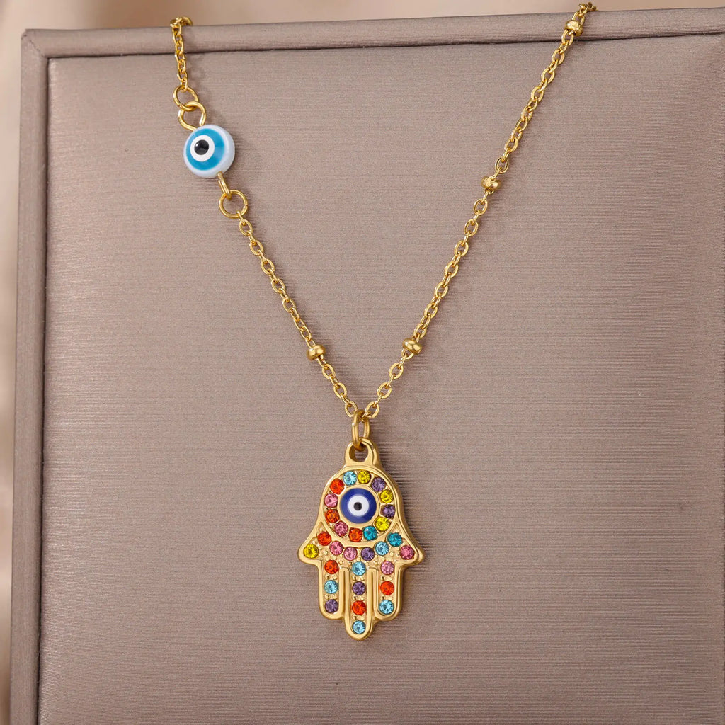 Necklace with multicolored Arabic evil eye and Fatima's hand protection pendant gold