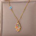 Necklace with multicolored Arabic evil eye and Fatima's hand protection pendant gold