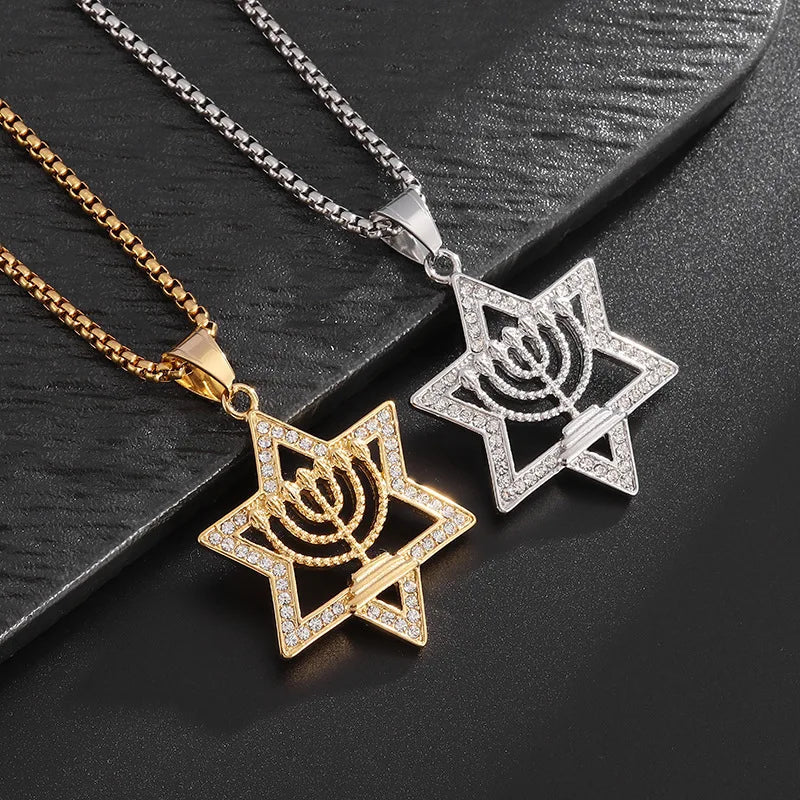 Necklace with Star of David pendant and Menorah, symbol of Jewish identity, gold