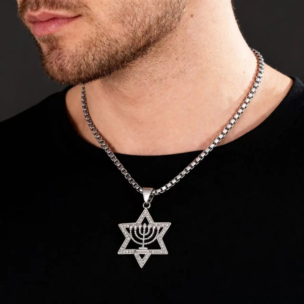 Necklace with Star of David pendant and Menorah, symbol of Jewish identity, silver