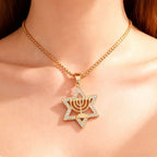 Necklace with Star of David pendant and Menorah, symbol of Jewish identity, gold