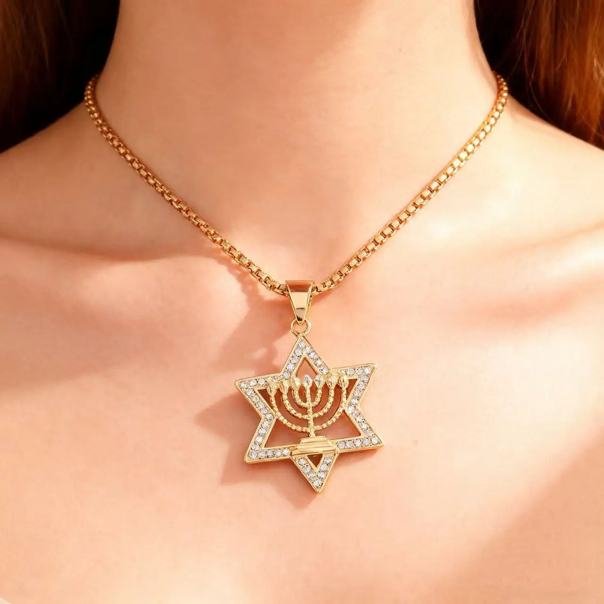 Necklace with Star of David pendant and Menorah, symbol of Jewish identity, gold