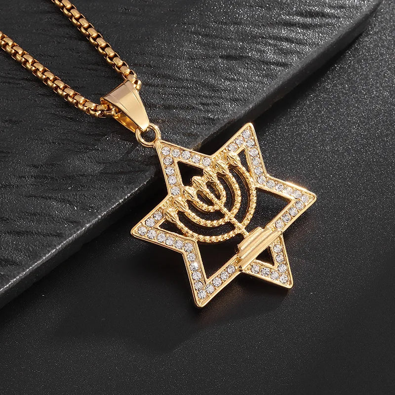 Necklace with Star of David pendant and Menorah, symbol of Jewish identity, gold