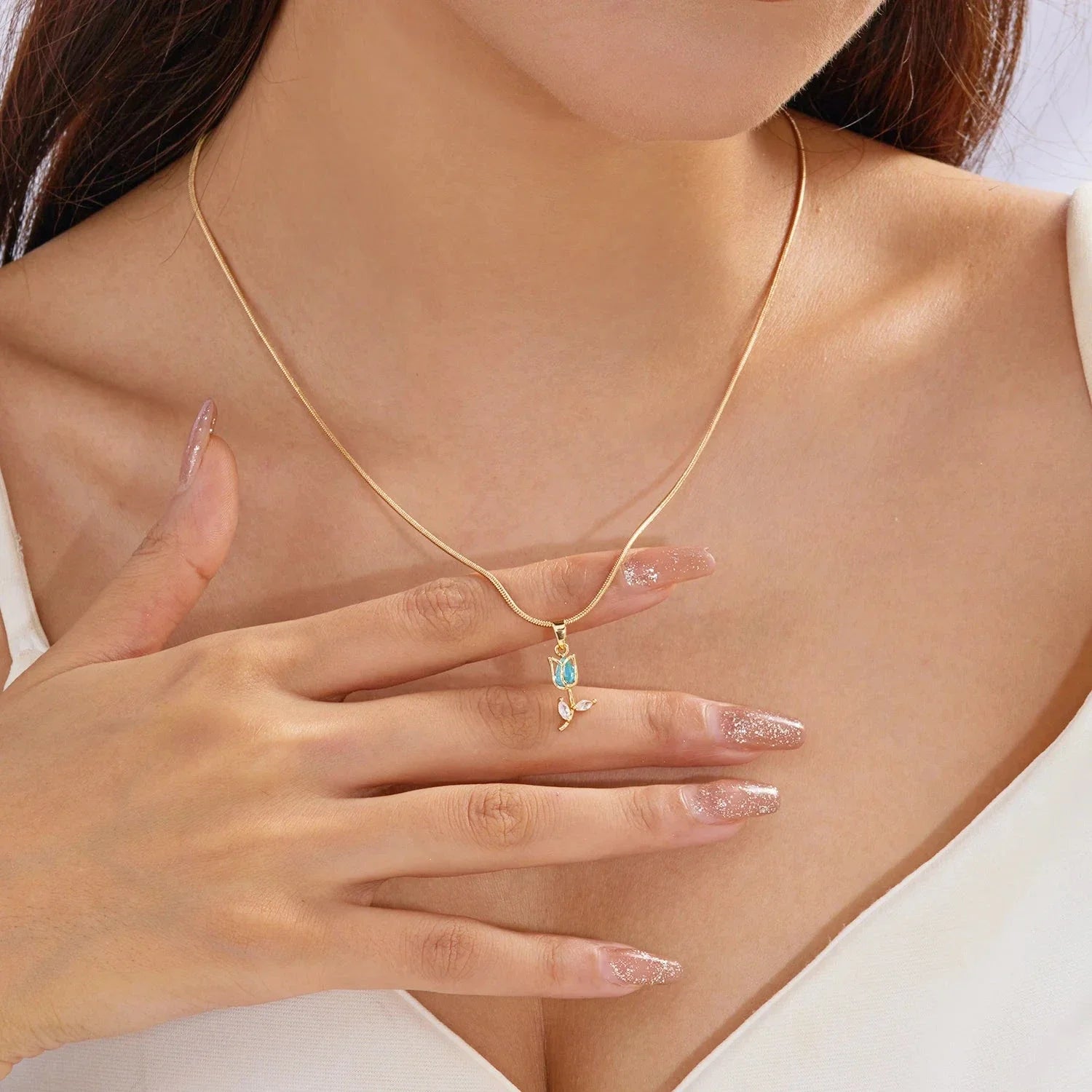 Necklace with Green Zircon Tulip Flower Pendant