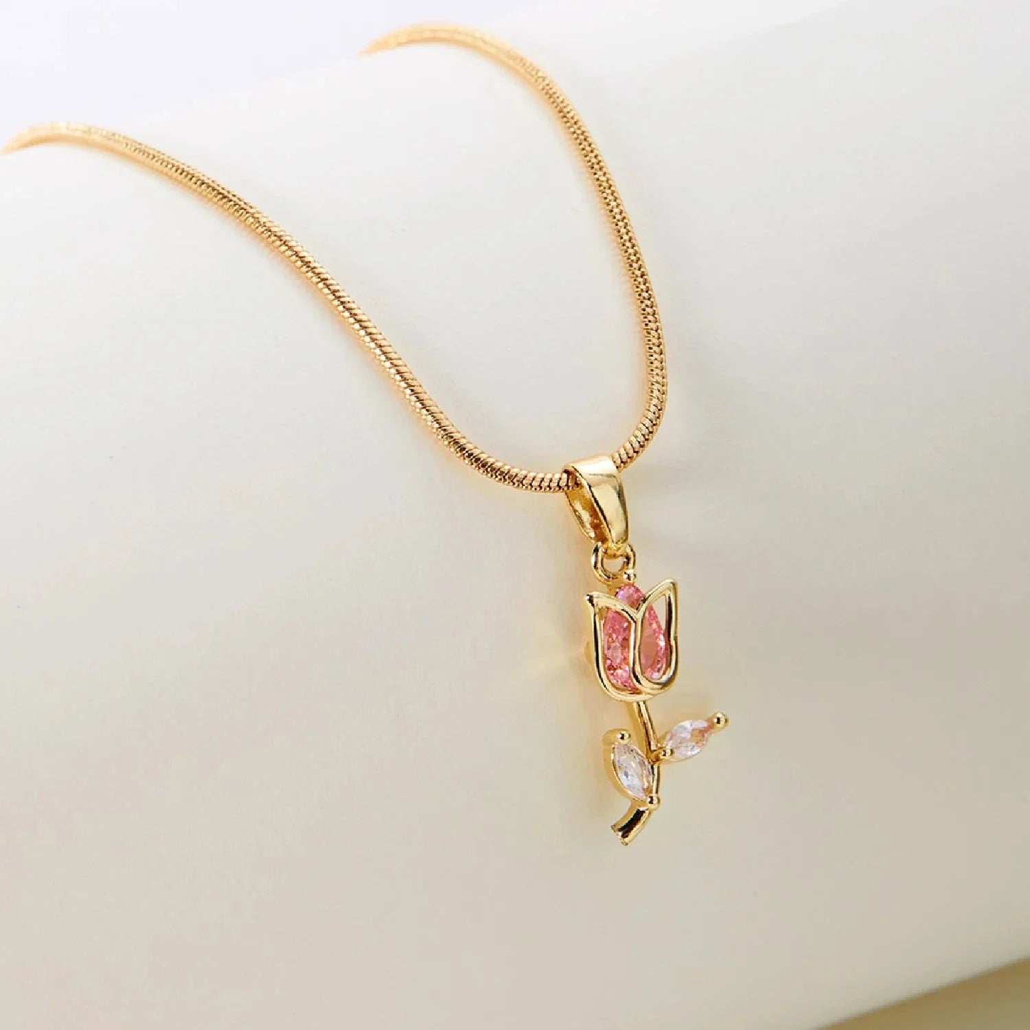 Necklace with Pink Zircon Tulip Flower Pendant