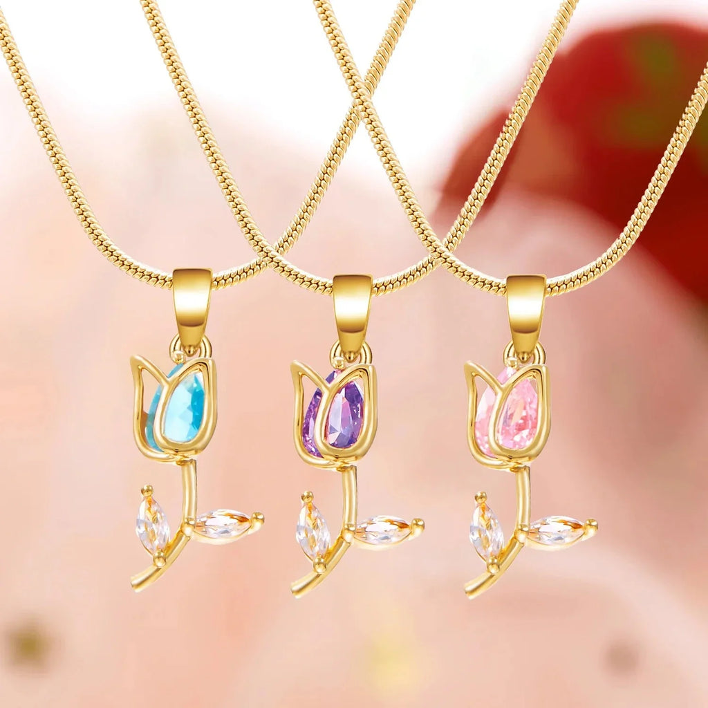 Necklace with Purple Zircon Tulip Flower Pendant