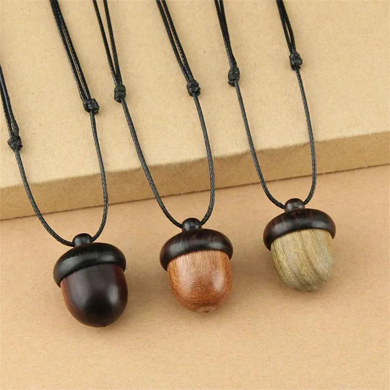 Necklace with Brown Wood Acorn Pendant