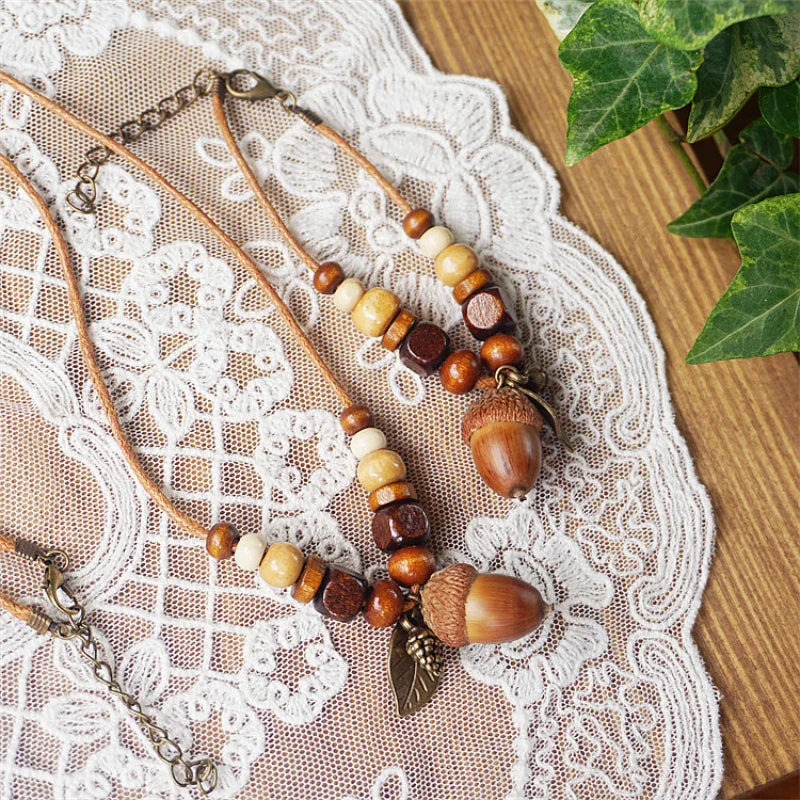 Necklace with Autumn Wooden Tassel Pendant