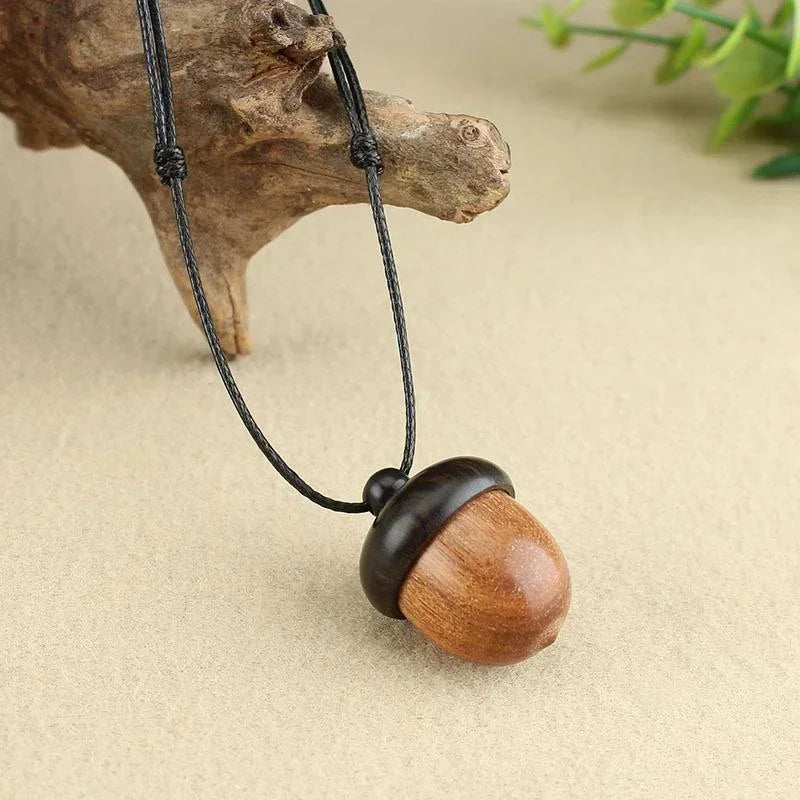 Necklace with Brown Wood Acorn Pendant