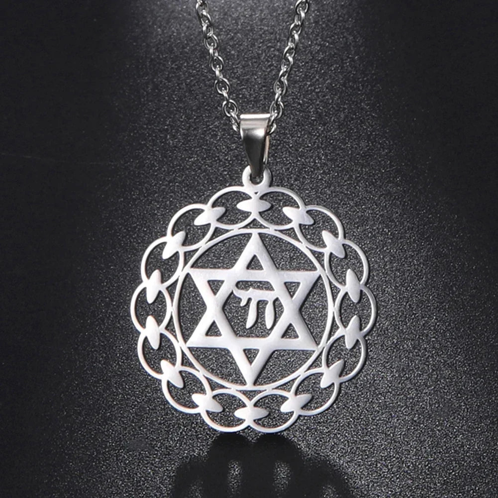 Necklace with engraved pendant featuring the Jewish symbols Star of David and Chai