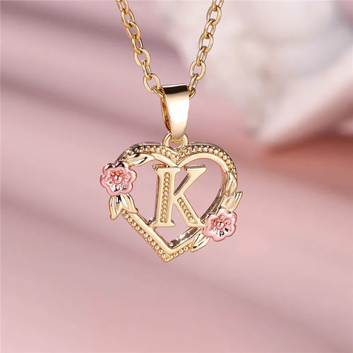 Heart and Flower Initial Pendant Necklace k