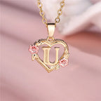 Heart and Flower Initial Pendant Necklace u