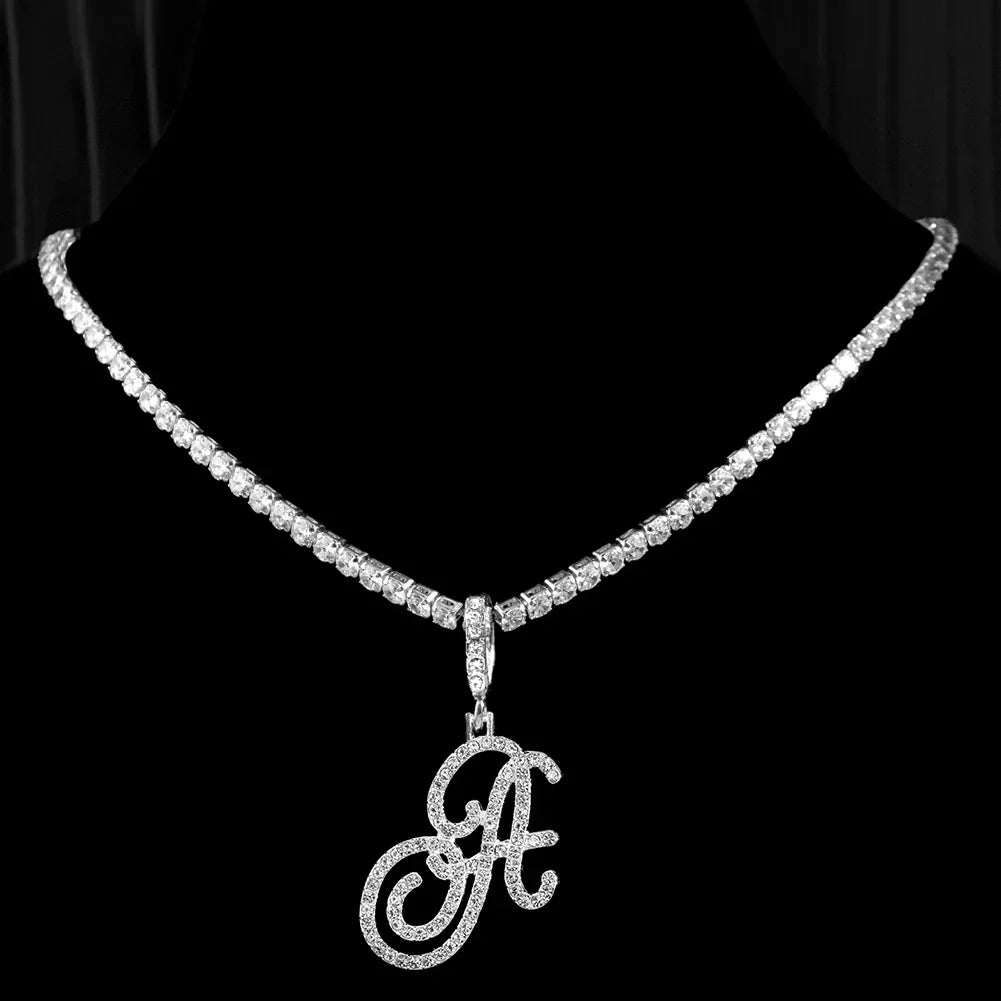 Choker necklace with initial pendant and rhinestones a
