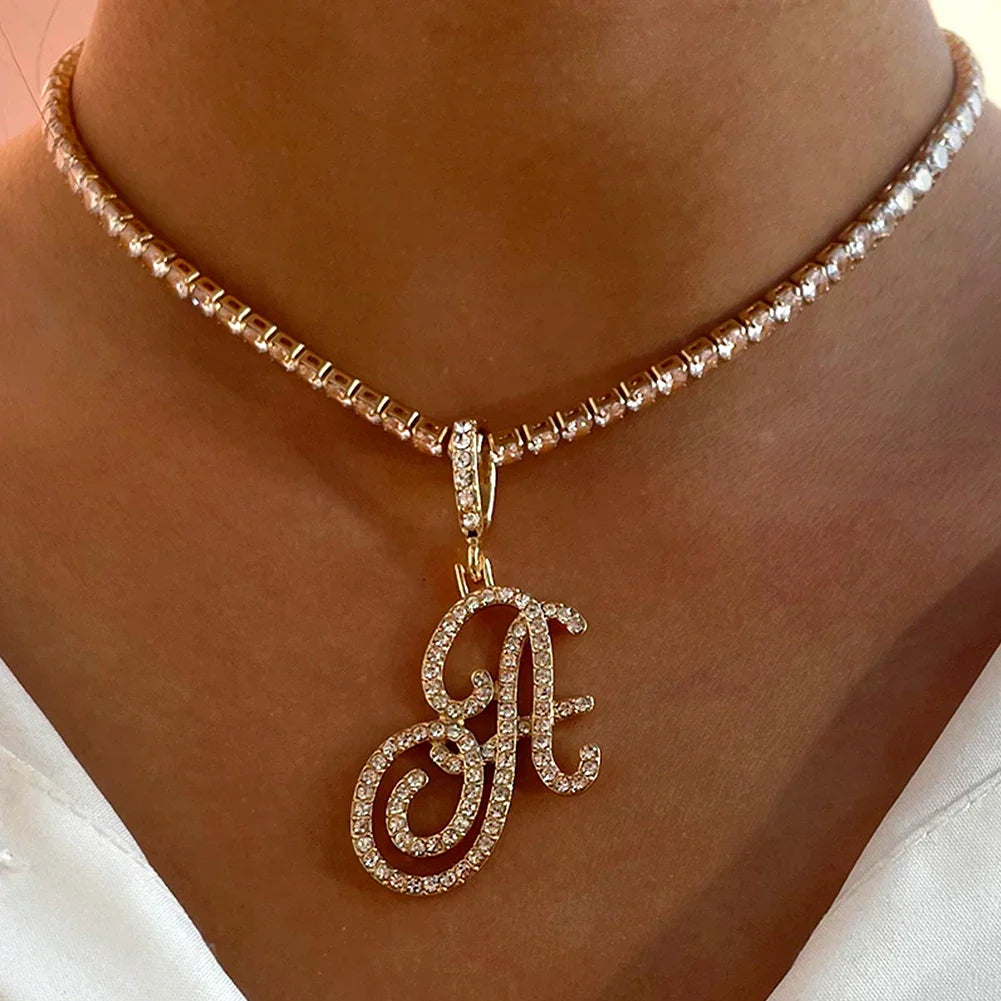 Choker necklace with initial pendant and rhinestones a