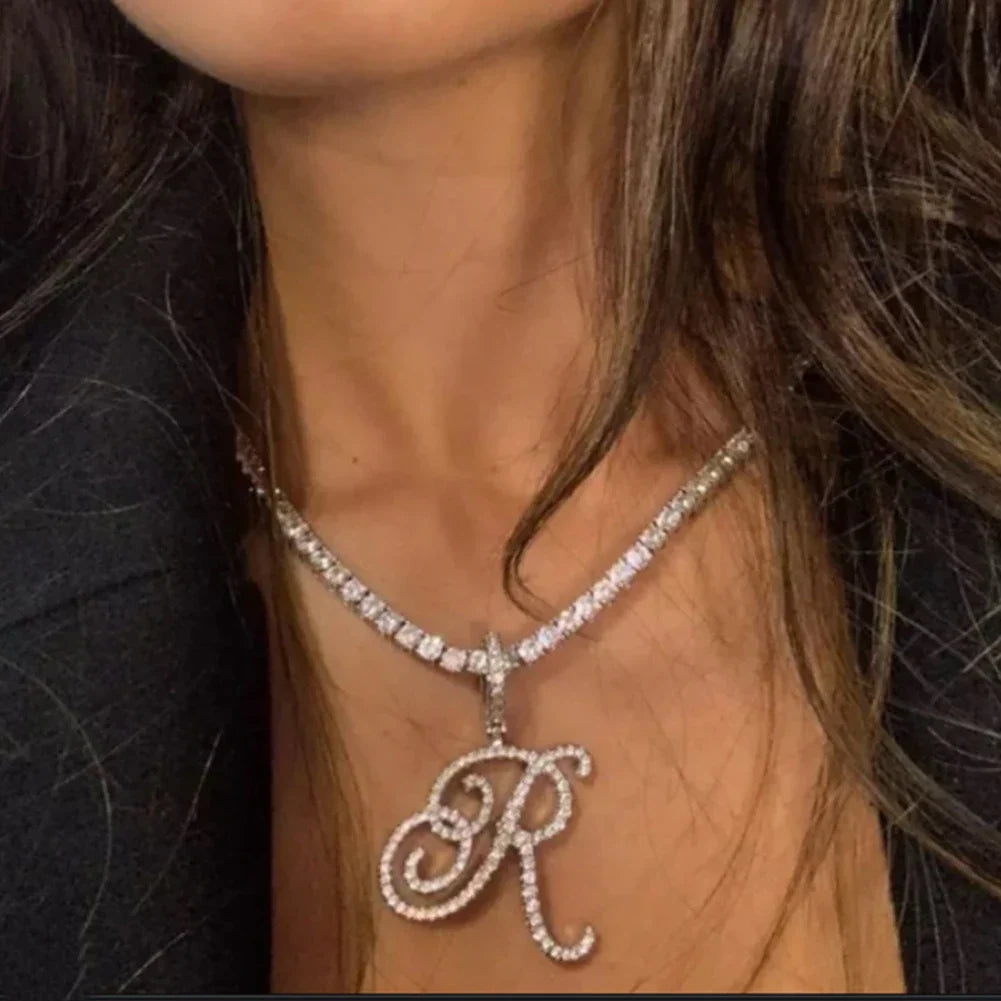 Choker necklace with initial pendant and rhinestones r