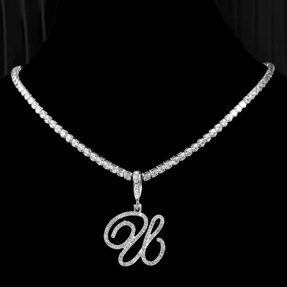 Choker necklace with initial pendant and rhinestones u