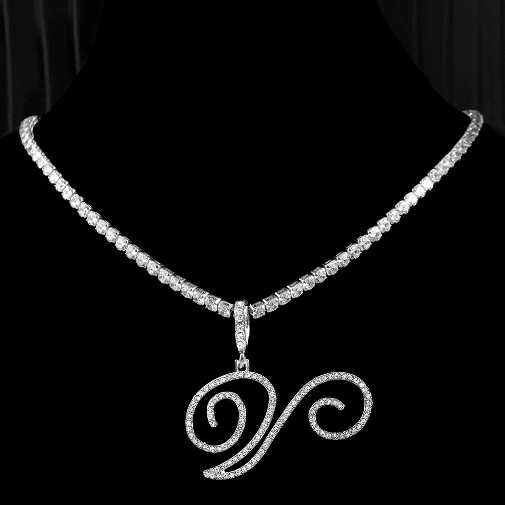Choker necklace with initial pendant and rhinestones v