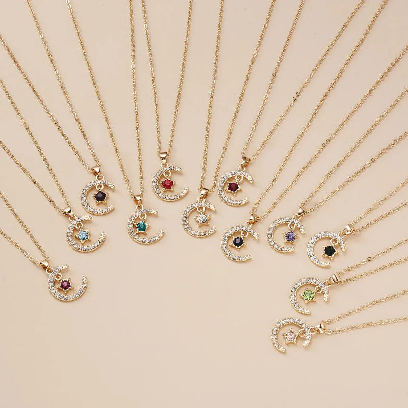 Necklace with Moon Pendant in Rhinestones Birthstone
