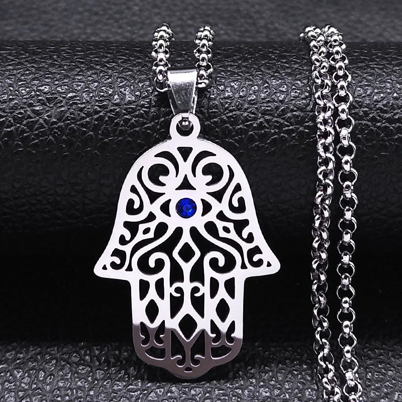 Necklace with evil eye and Arabic Muslim Hamsa protective pendant in silver
