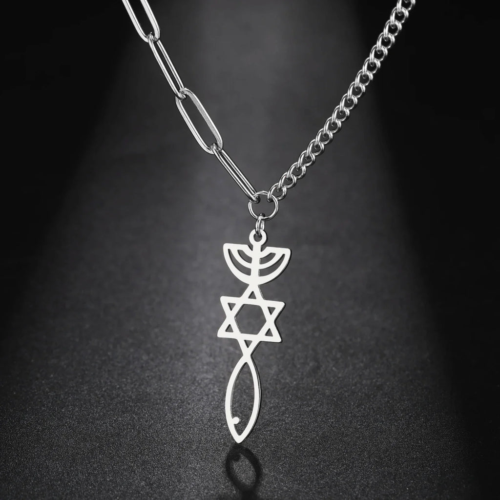 Necklace with Messianic Menorah and Star of David pendant, silver