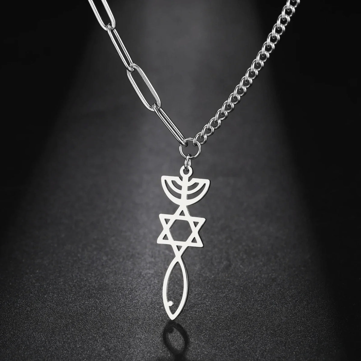Necklace with Messianic Menorah and Star of David pendant, silver