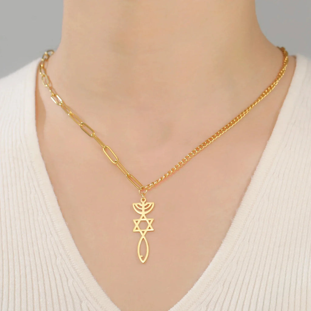 Necklace with Messianic Menorah and Star of David pendant, gold