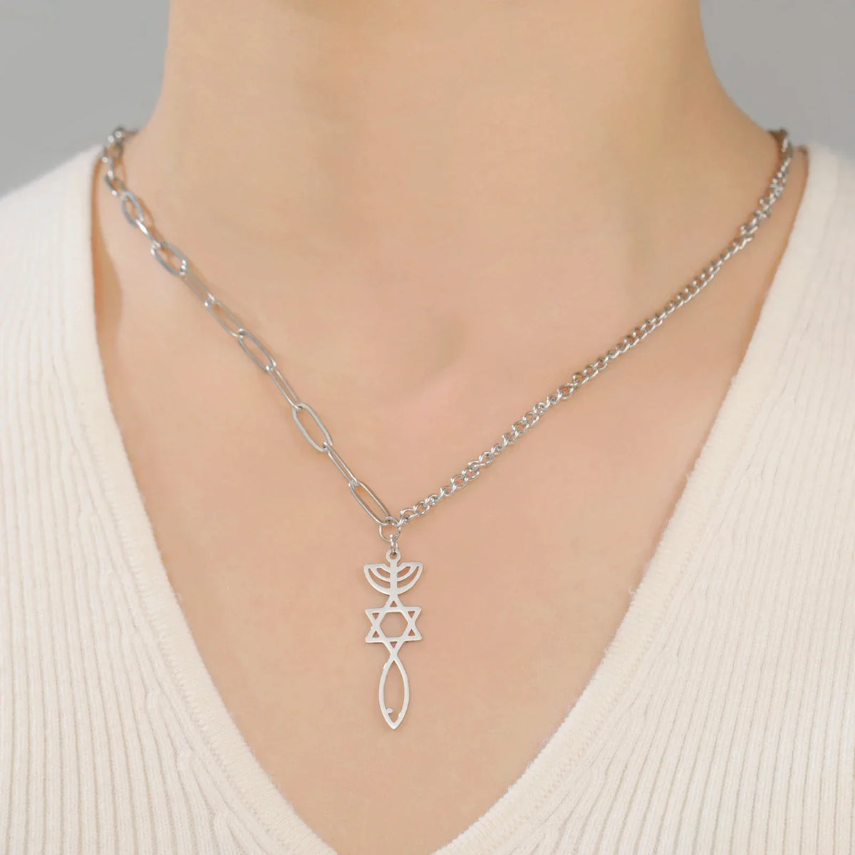 Necklace with Messianic Menorah and Star of David pendant, silver