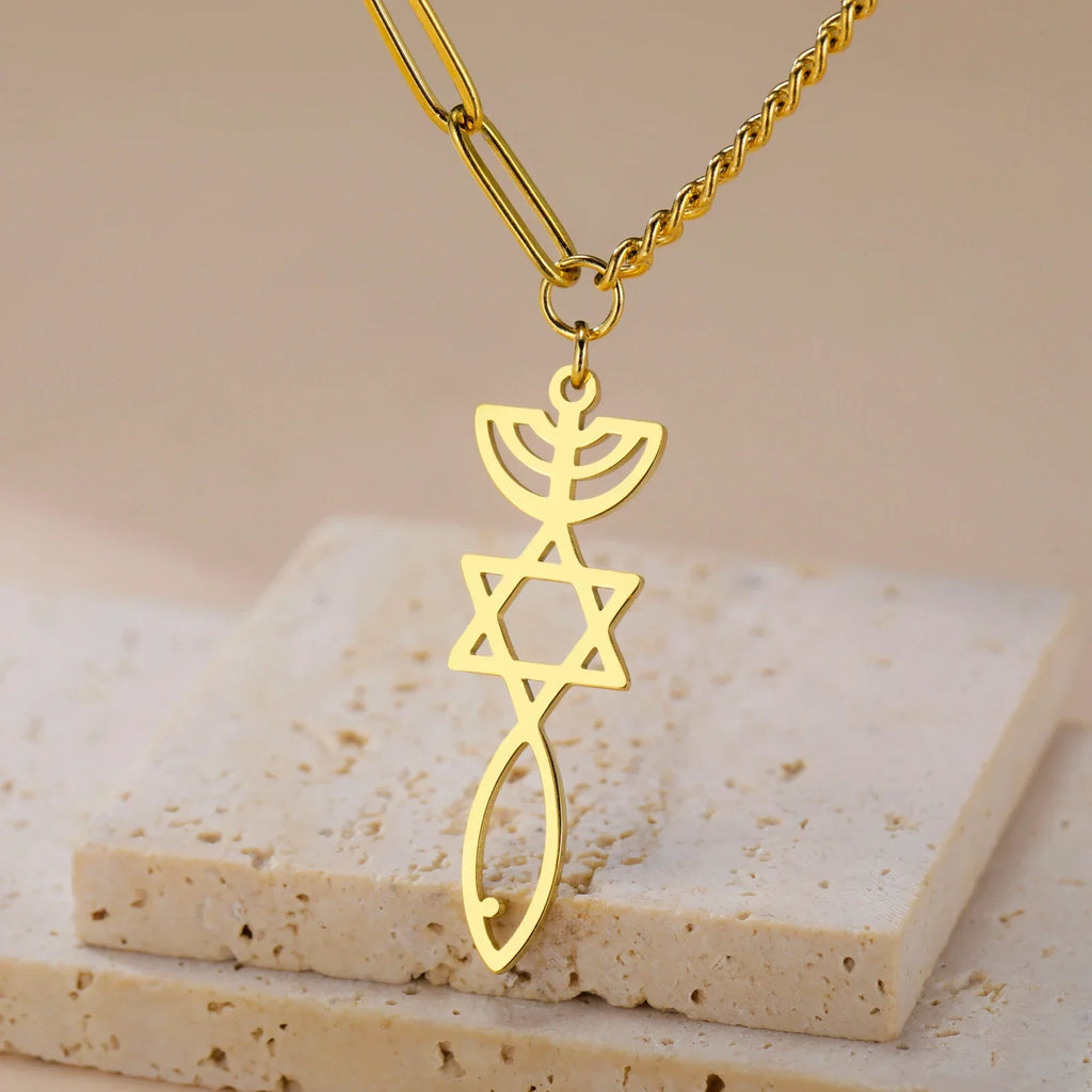 Necklace with Messianic Menorah and Star of David pendant, gold