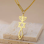 Necklace with Messianic Menorah and Star of David pendant, gold