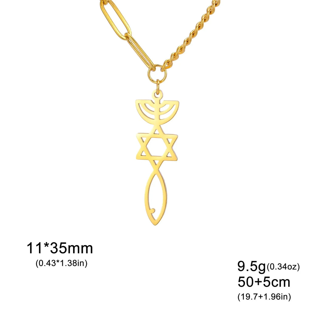 Necklace with Messianic Menorah and Star of David pendant, gold