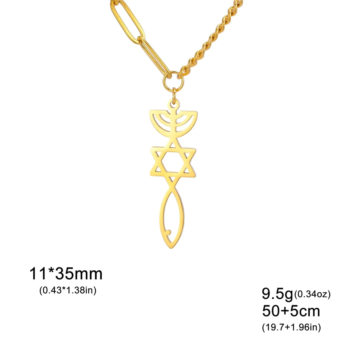 Necklace with Messianic Menorah and Star of David pendant, gold