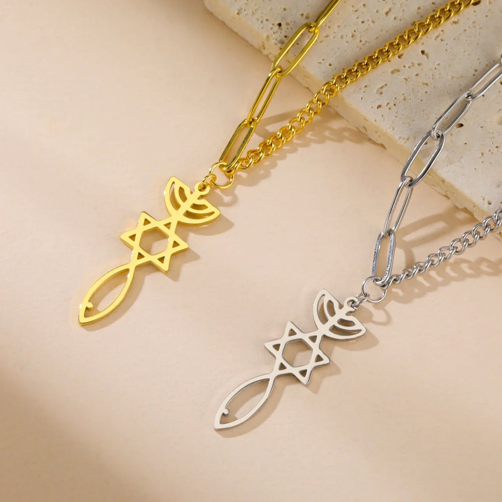 Necklace with Messianic Menorah and Star of David pendant, gold