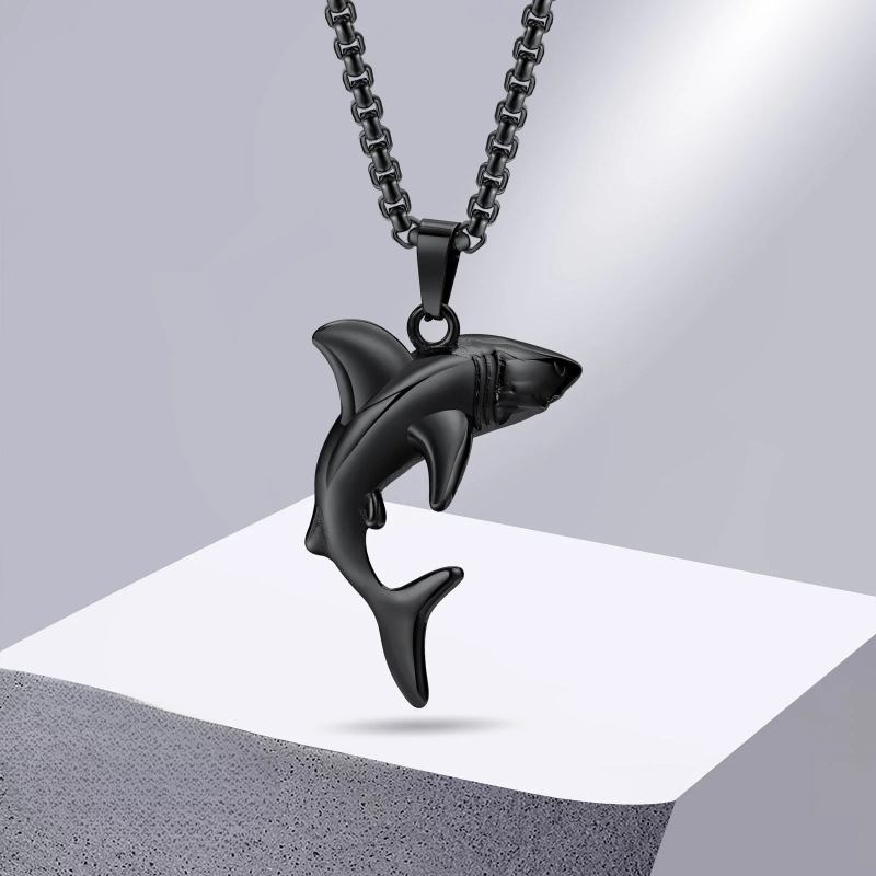 Black Men's Necklace with Shark Pendant