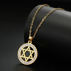 Necklace with round pendant featuring the Jewish symbol, Star of David, gold