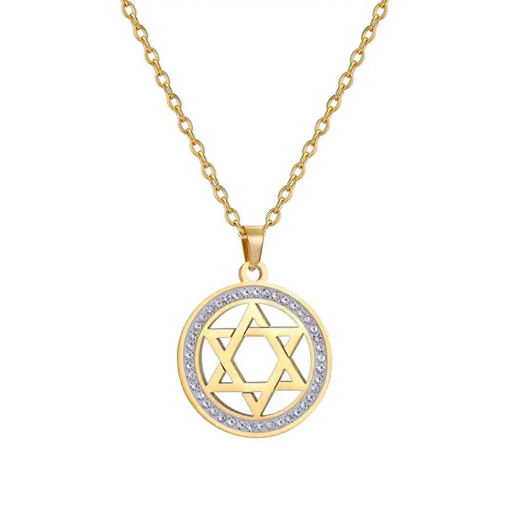 Necklace with round pendant featuring the Jewish symbol, Star of David, gold